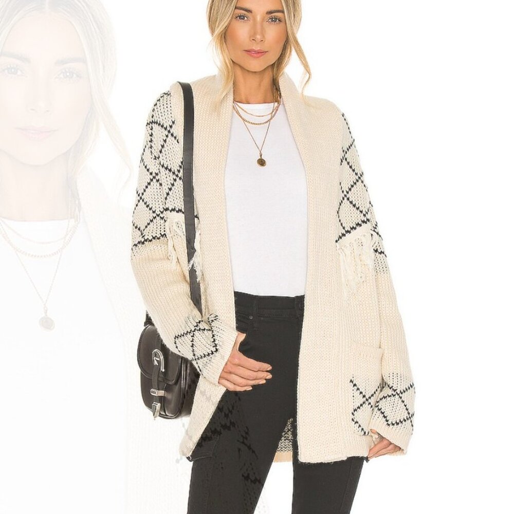 Line and Dot Elise Knit Fringe Cardigan Color Natural/Black Size Small